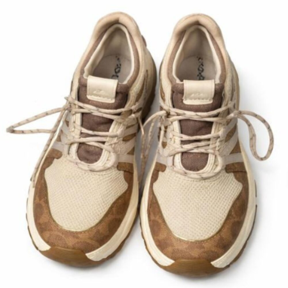 Coach C165 Runner Sneakers Signature Canvas Tan & Chalk Women's Size 10 - Picture 2 of 7